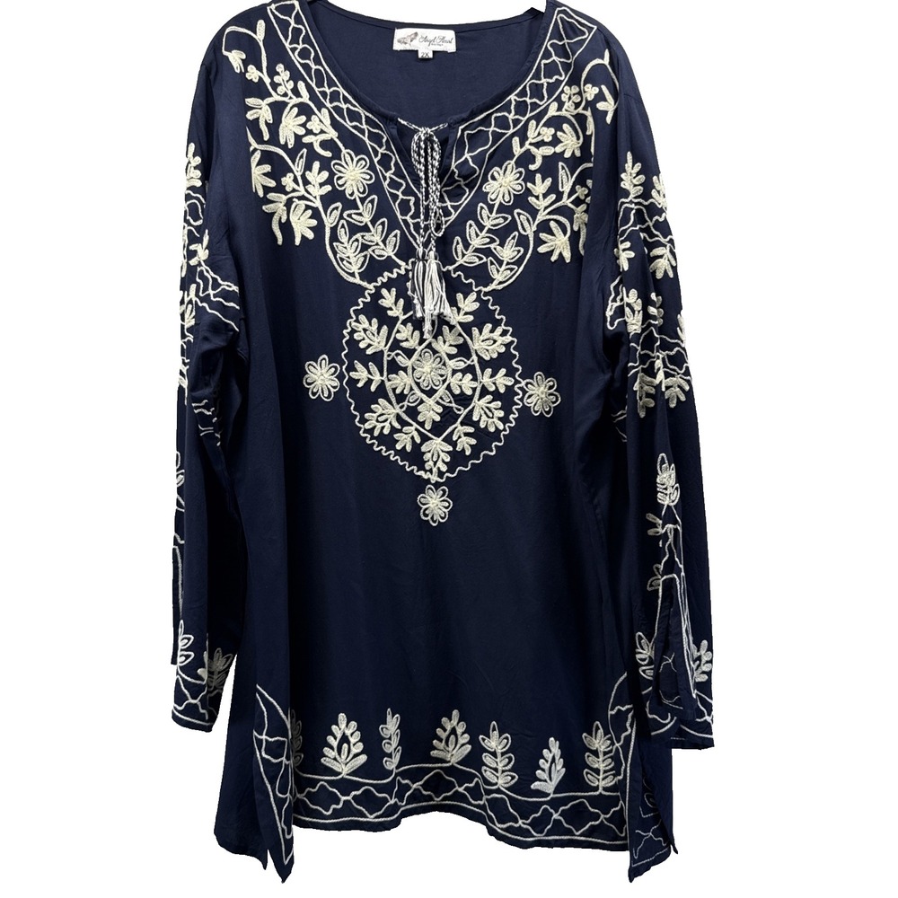 Angel Heart Womens Bohemian Tunic Top 2X Plus Blue Ivory Embroidered Long Sleeve